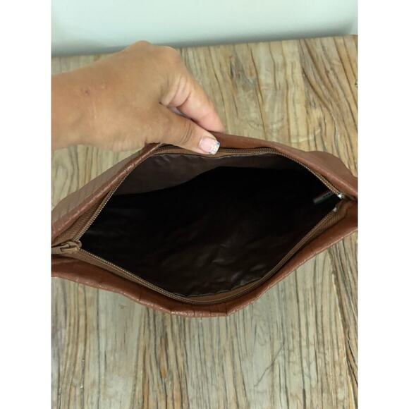 VINTAGE 80s Brown Leather Clutch Bag Purse Made in Italy - Picture 3 of 4